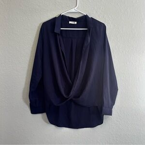 Lush Navy Draped V-Neck Blouse